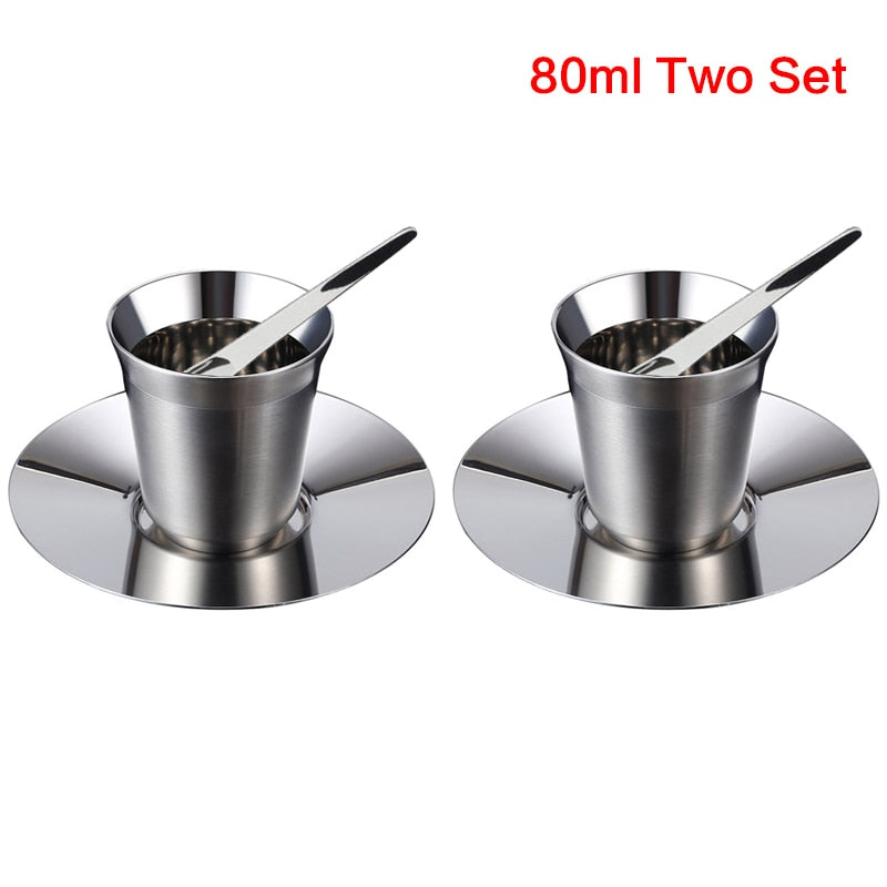 Stainless Steel Espresso Cups Set of 2 - Double Wall Insulated Metal Espresso Cups Travel Espresso Cup Glass Sets With Spoon