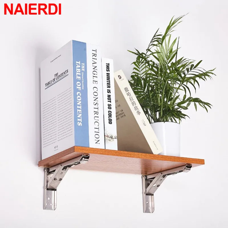 NAIERDI 8-14 Inch 2PCS Stainless Steel Folding Bracket White Black Iron Triangle Bracket Adjustable Wall Support Table Shelf