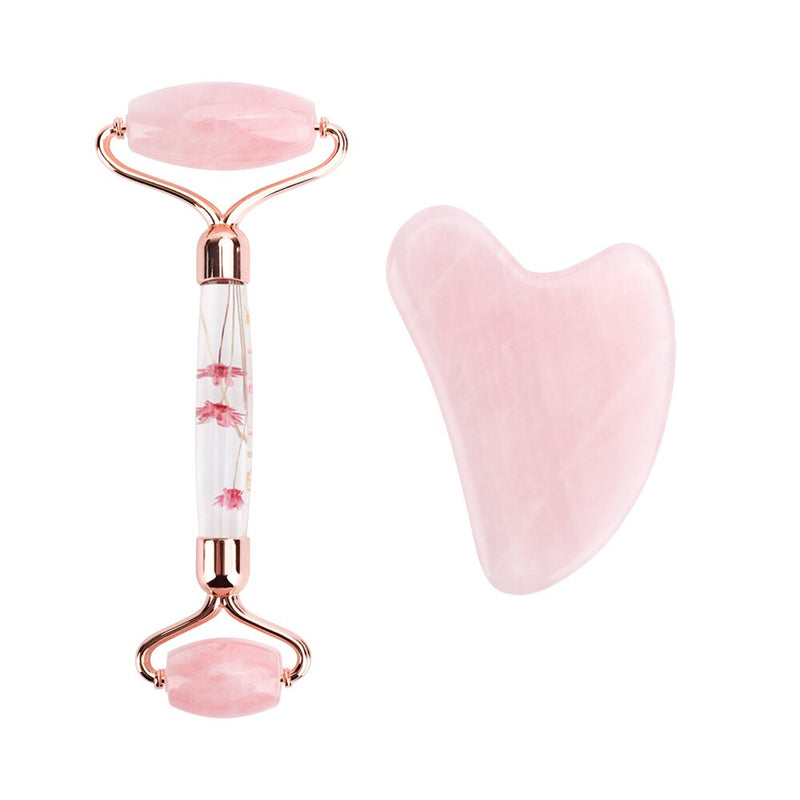 Rose Quartz Jade Roller Flower Pole Roller Face Lifting Massager Facial Manual Massage Heart-shaped Gua Sha Set Anti-wrinkles