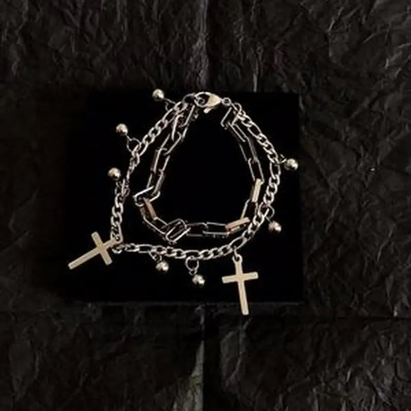 Gothic Hip Hop Metal Cross Pendant Charm Bracelet for Women Female Beads 2 Layering Linked Chain Bracelets Cool Jewelry Gift