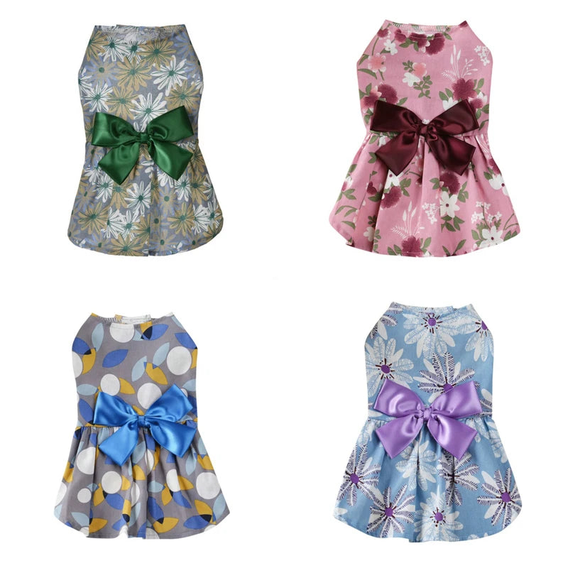 Summer Dog Dresses Cotton Flower Patterns Dogs Skirt Dress Pet Princess Dress Cute Pet Clothes With Bow-knot XS/S/M/L/XL