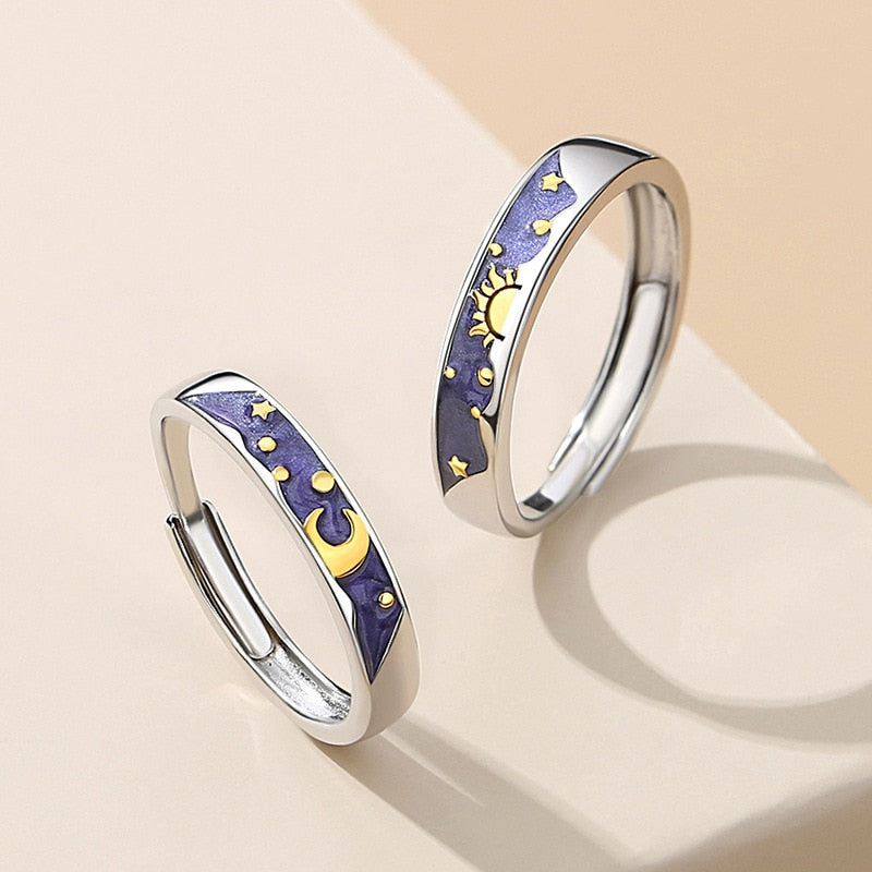 925 Sterling Silver Enamel Sun Moon Starry Sky Couple Rings For Women Romantic Style Gifts For Lovers Fine Jewelry