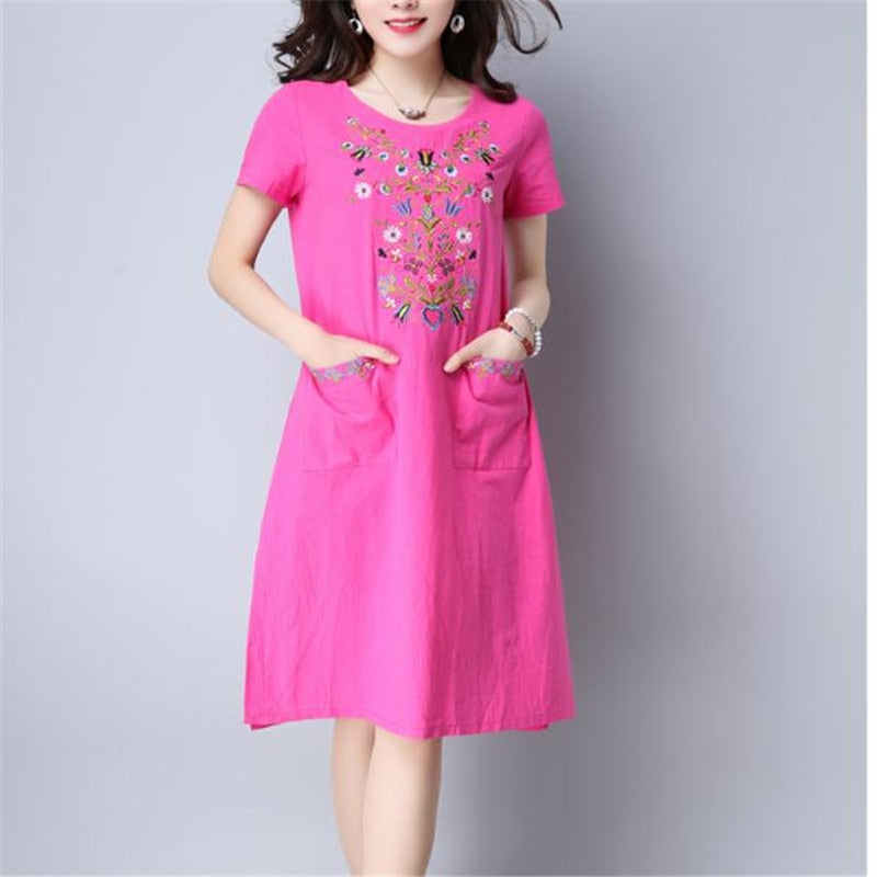 New Arrivals 2020 New summer Dress Women Casual Cotton Linen Round Neck Short Sleeve Loose Print Dress Vestidos