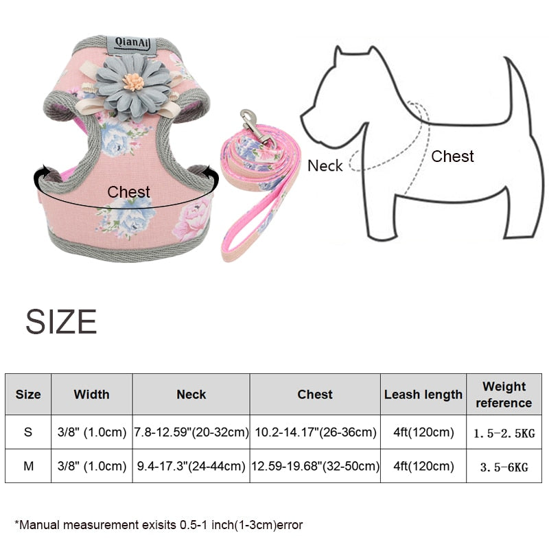 Dog Harness Leash Set Fashion Lovely Floral Breathable Adjustable Cat Harness Vest for Small Medium Dogs Cats Leashes Outdoor