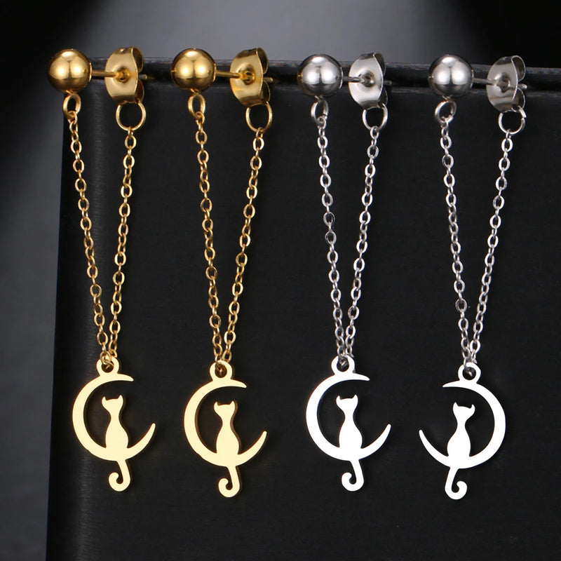 Stainless Steel Earrings Fashion Simple Metal Chain Personality Moon Cat Animal Back Hanging Drop Earrings For Women Jewelry NEW