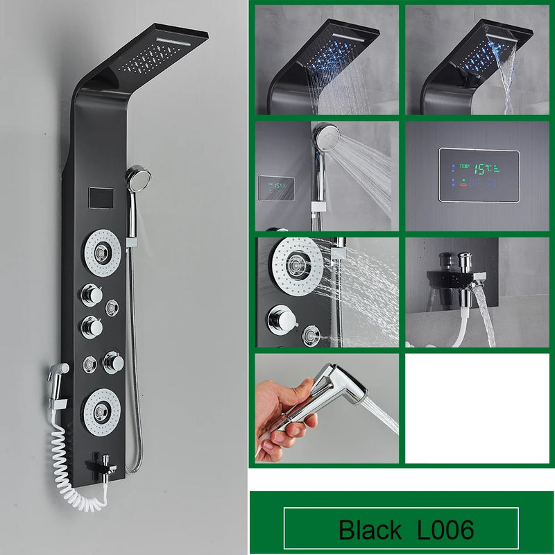 Black Bathroom Shower Panel SPA Massage Jet Shower Column LED Display Stainless Steel Shower System