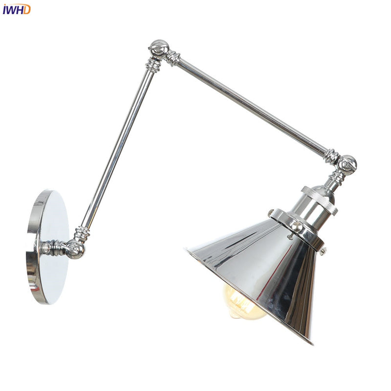 IWHD Loft Decor Indsutrial Wall Sconce Bedroom Stair Mirror Light Silver Long Arm Vintage Wall Lamp Applique Murale Luminaria