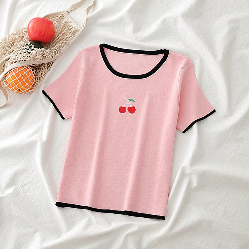 HELIAR Plain T-shirts Cherry Printed Tees Women Summer Knitted O-Neck Short Sleeve Knitted T-shirts Women Black Hem T-Shirts