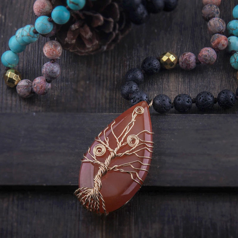 Fashion Bohemian Jewelry Natural Stones Glass Crystal Knotted With Semi Precious Life Tree Pendant Boho Necklace Women Gift
