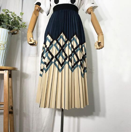 Geometric Striped Skirts For Women 2022 Summer OL Black Pleated Skirt Casual A-Line Patchwork Print Midi Skirt Autumn Winter New