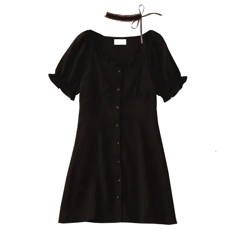 Summer Gothic Fashion Women Dress Streetwear Kawaii Vintage Short Sleeve Mini Dresses Female Elegant Black Ruffle Casual Clothes