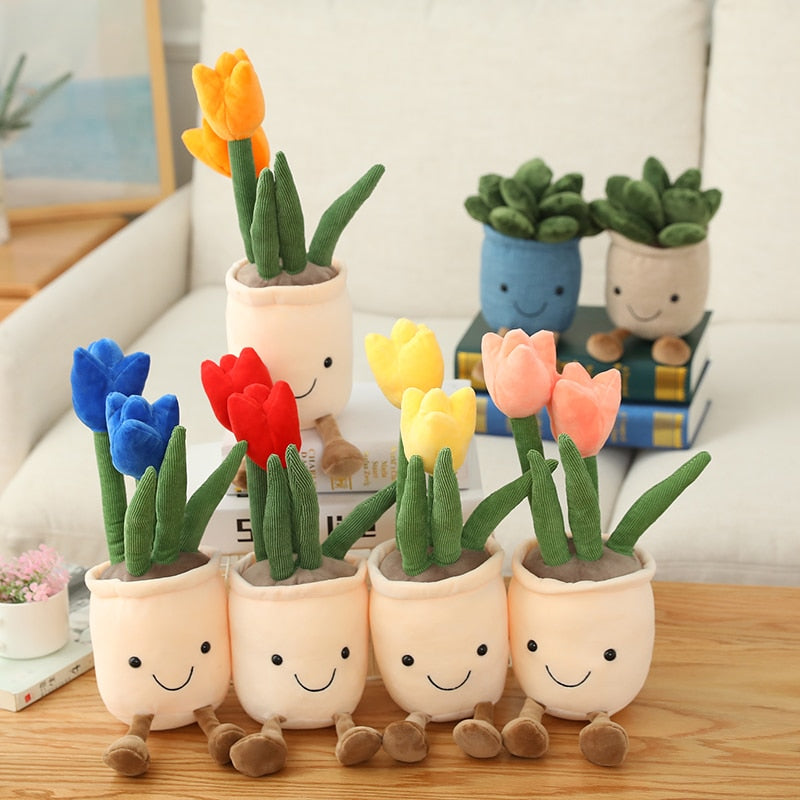 Lifelike Tulip&amp;Succulent Plants Plush Stuffed Decor Toys Soft Bookshelf Decor Doll Creative Potted Flowers Pillow for Girls Gift