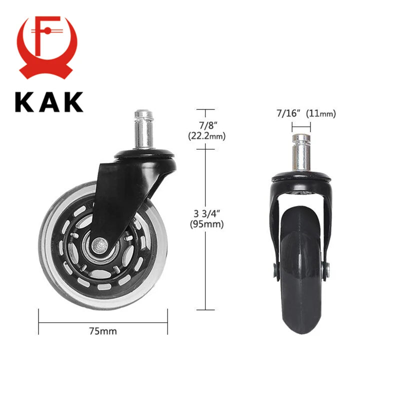 5PCS KAK 3" Universal Mute Wheel Office Chair Caster Replacement 60KG Casters Rubber Soft Safe Roller Furniture Wheel Hardware