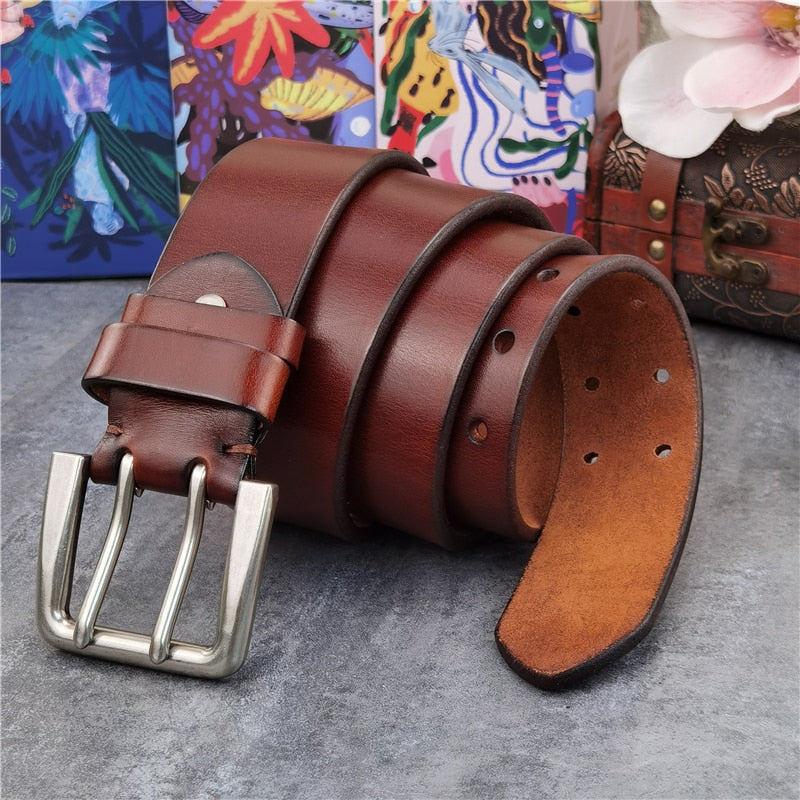 Double Pin Vintage Belt Buckle Super Wide 4.2CM Genuine Leather Men Belt Luxury Ceinture Homme Jeans Cinturon Mujer MBT0018