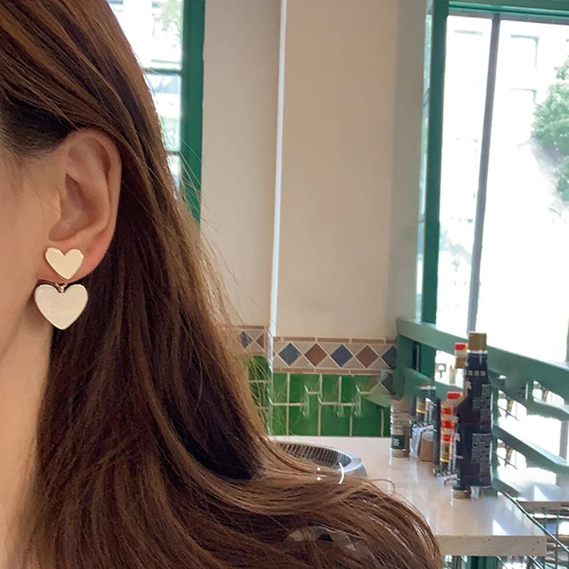 2020 New Fashion Korean Drop Earrings For Women White Enamel Double Heart Korean Jewelry Female Earring Girls Gift