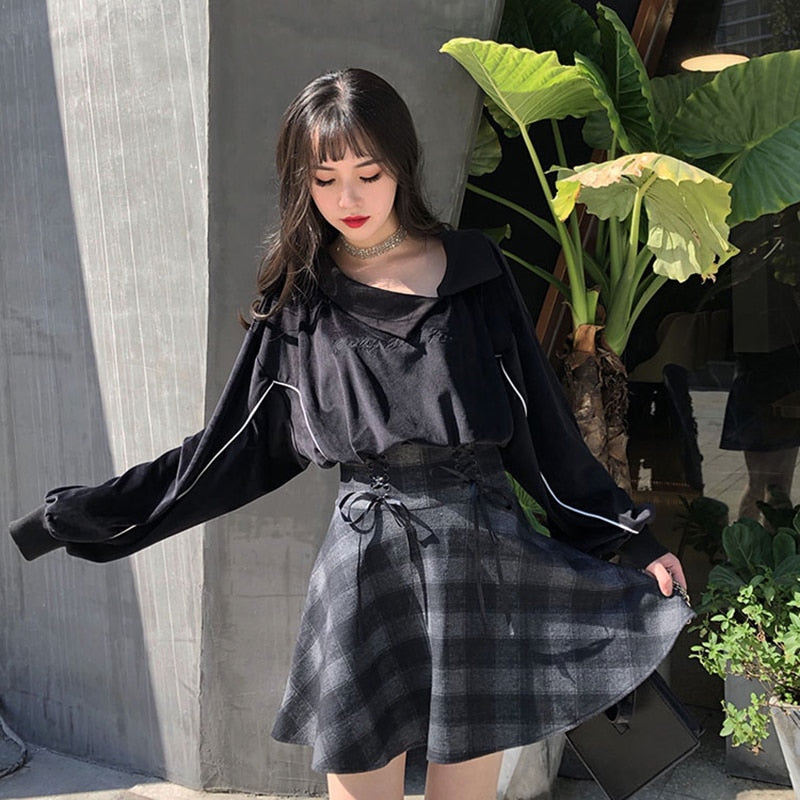 Gothic Women Skirts Fashion Autumn Winter Plaid Woolen Skirt Female High Waist Lace Up Mini Thick Warm Girls Saia 2023