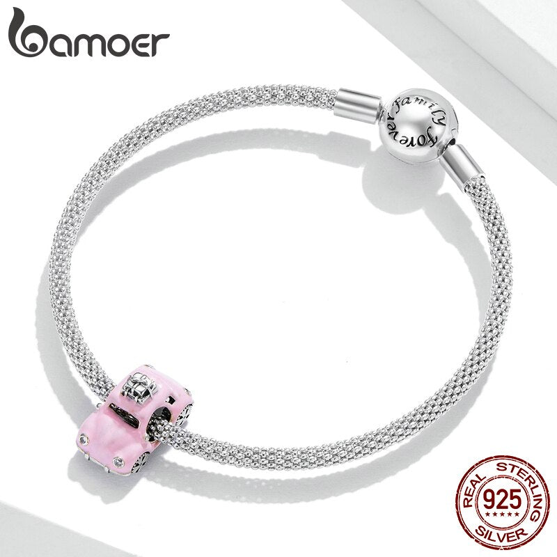 bamoer Genuine  925 Silver Pink car Fashion Charm for Original Bracelet  Women Jewelry Making DIY Bracelet  Accessory SCC1738