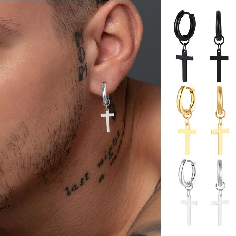 Stainless Steel Earring with Cross Charm for Guys Unisex Jewelry