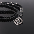 6mm Klassische Vintage Schwarze Lange Naturstein Runde Perlenkette für Herren mit Kompass-Anhänger Schmuck Geschenk