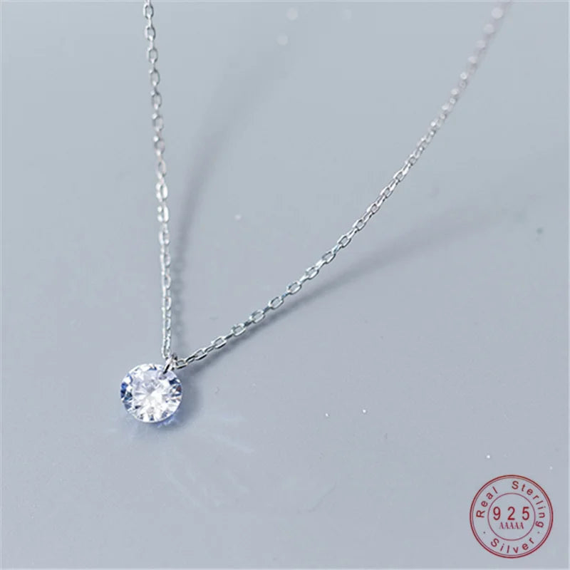 WANTME Real 925 Sterling Silver Jewelry Fashion Simple Round Crystal Zircon Pendant Chain Necklace for Women Girls Drop Shipping