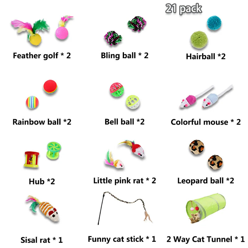 21Pcs Cat Toys Kit Collapsible Tunnel Cat Toy Fun Channel Feather Balls Mice Shape Pet Kitten Dog Cat Interactive Play Supplies