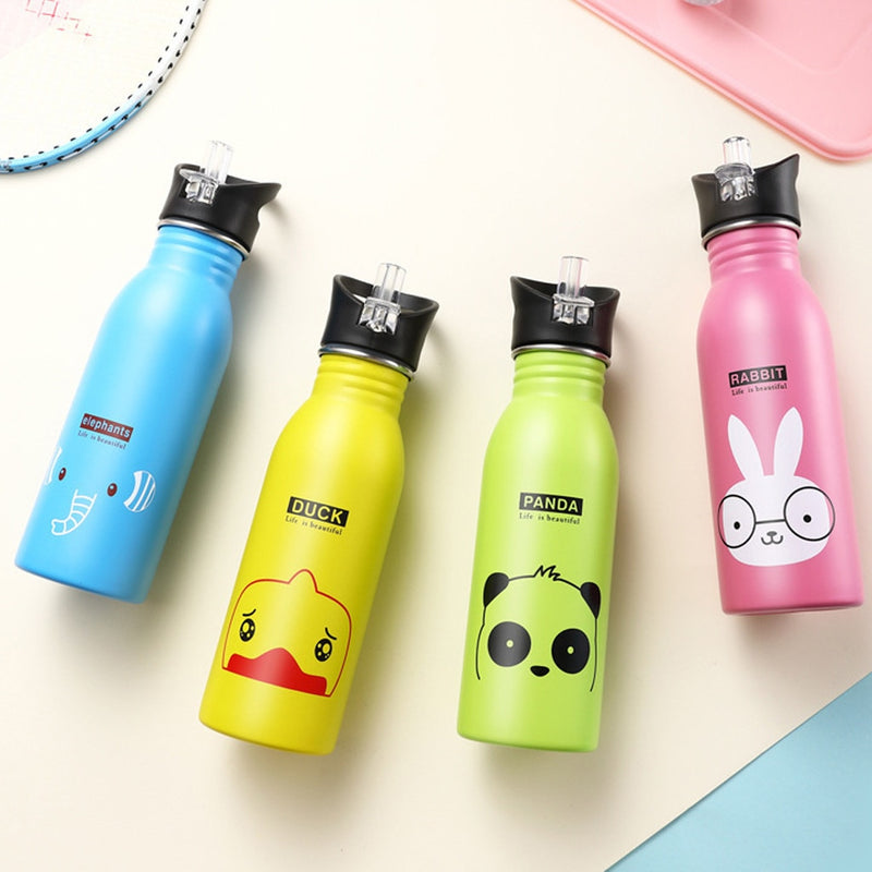 Cute Children Water Bottle Portable Outdoor Stainless Steel Water Bottles Cute Animal Pattern Cup Cold Drink Bottle with Straw