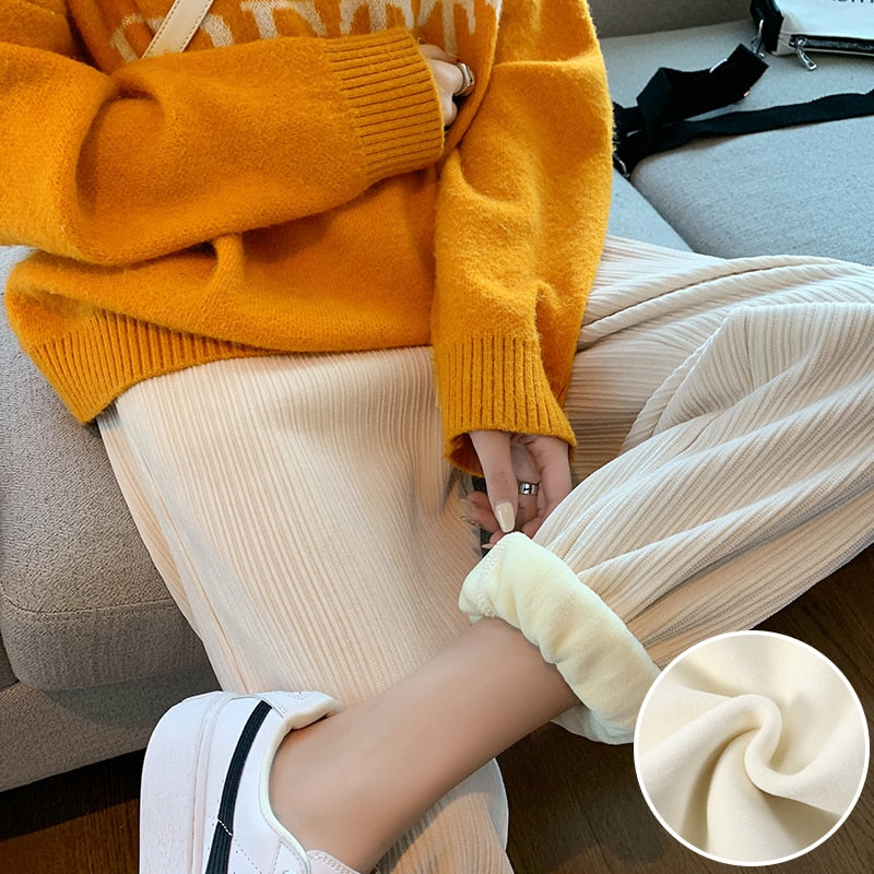 Women Warm Winter Plush Thick Cashmere Corduroy Pants Female Casual Korean Style Sweatpants Loose Harem Long Trousers Joggers