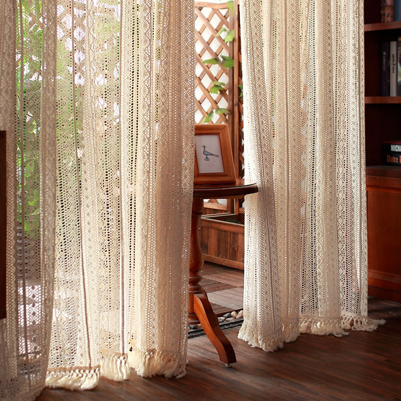 American Retro Crochet Curtain Ready Material Made Curtain For Living Room Bedroom Balcony Home Decoration Home Decor Cortinas