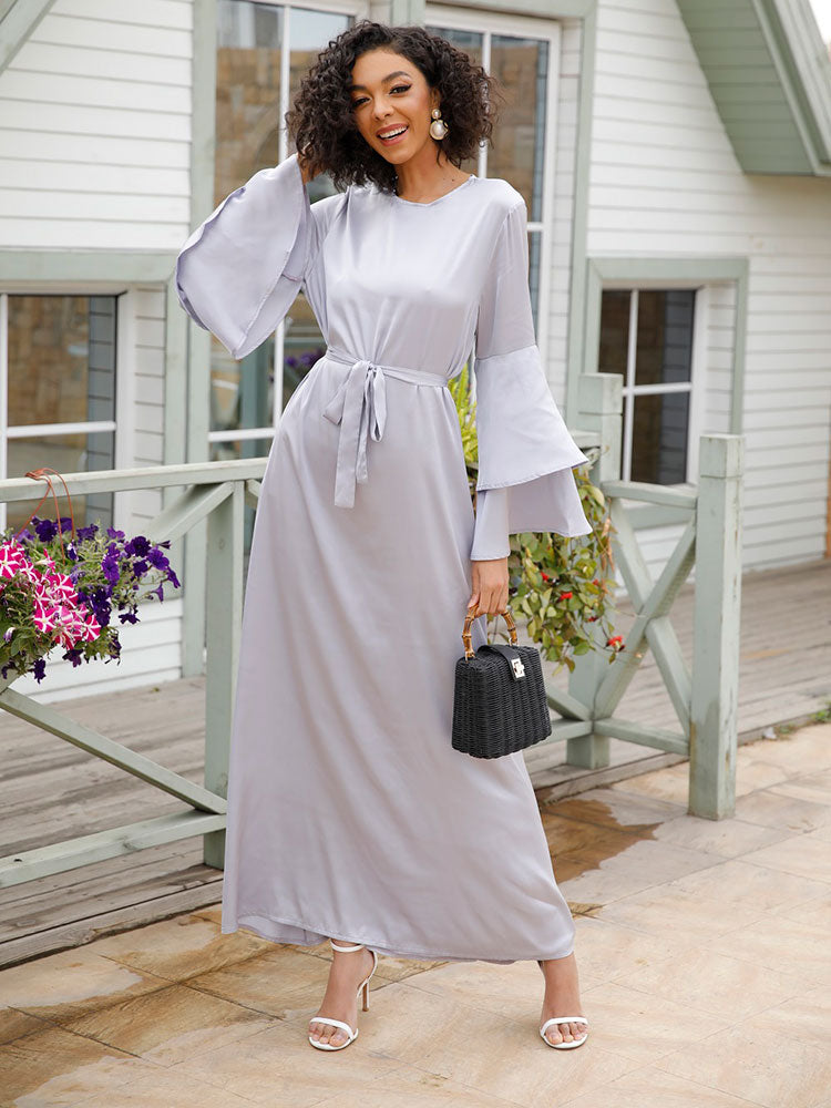 Soft Satin Long Dress Dubai Abaya Women Summer Long Flare Sleeve Belted Hijab Robe Muslim Islam Arab Turkey Clothes Ramadan