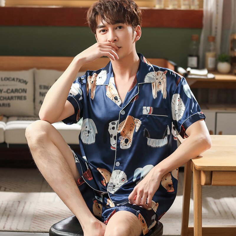 Thoshine Brand Spring Summer Autumn Men Satin Silk Pajamas Sets of T-shirt & Shorts Print Male Pijama Sleepwear Buttons Closure