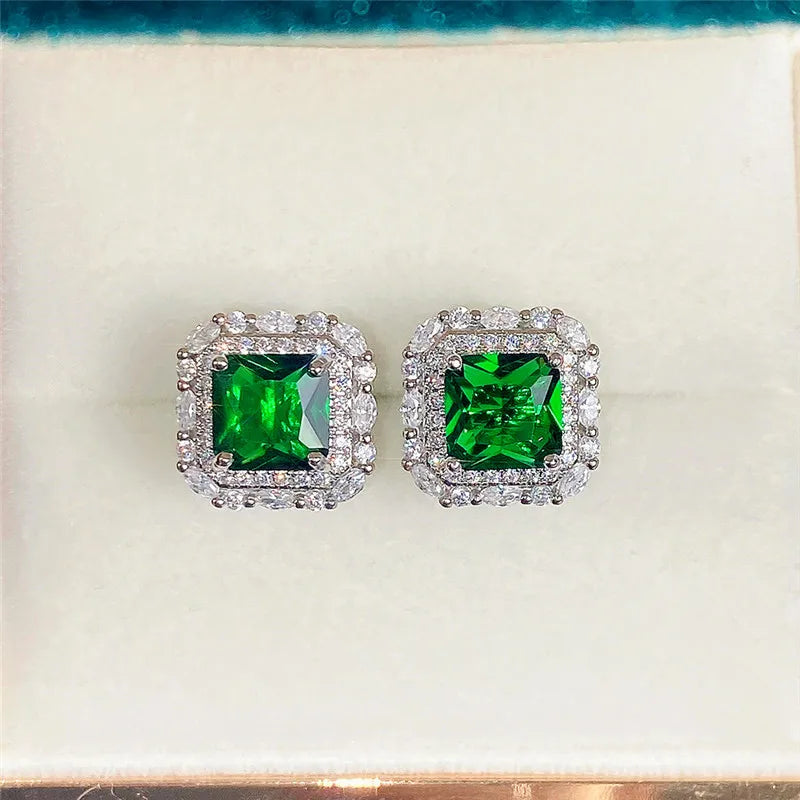 Huitan Vintage Green CZ Stud Earrings for Lady Dance Party Luxury Ear Accessories Anniversary Birthday Gift Women's Jewelry Hot