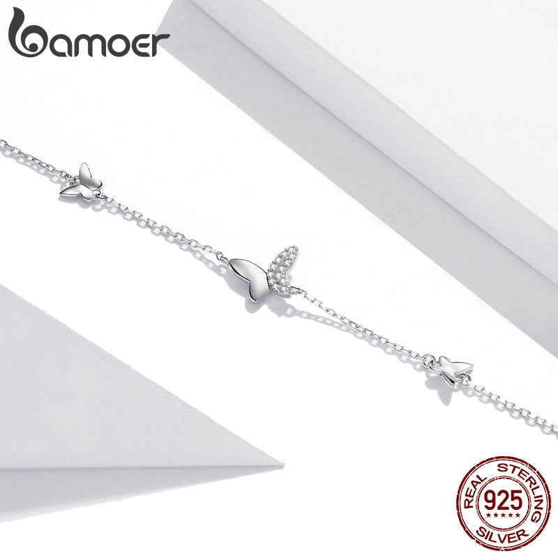Bamoer Sterling Silver 925 Flying Butterfly Bracelet Lobster Clasp Chain for Women Fashion OOTD Silver Jewelry Gift SCB197