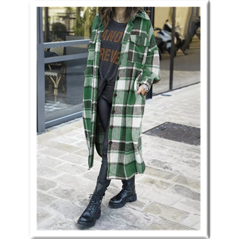 Women's Fashion Long Plaid Coat Autumn Shirt Coat Woolen Coat Streetwear Women Clothing Loose Coat Female Casual Jacket