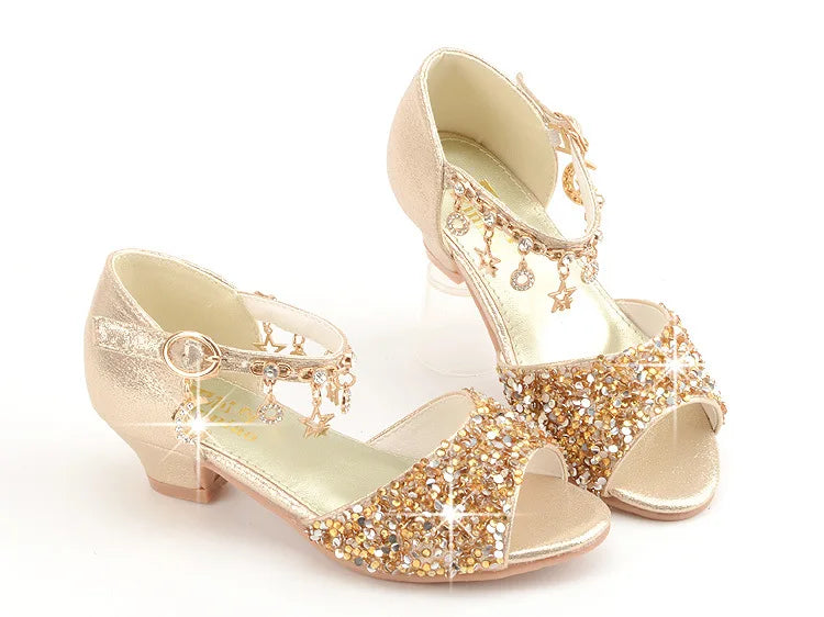 Girls Sandals Children Crystal Shoes 2023 Summer Kids Glitter Shoes High Heels Sequined Rhinestone Pendants Open Toes Princess