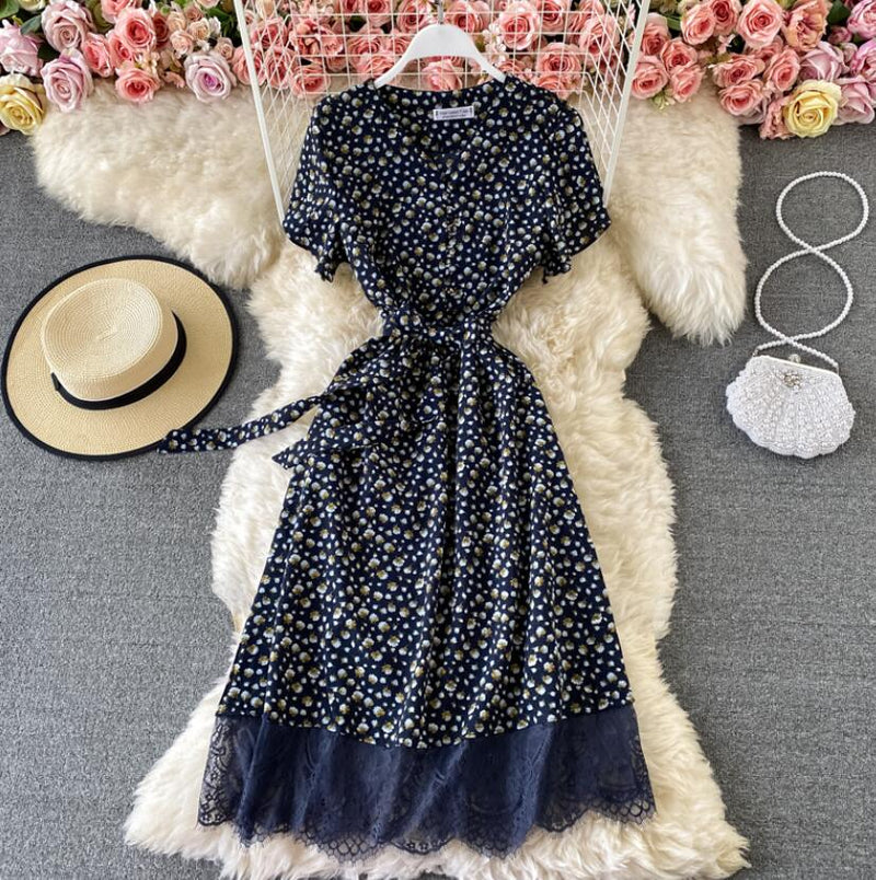 2021 Elegant V Neck Floral Print Chiffon Dress Summer Short sleeve Bandage Slim Lace Stitching Women Mid-calf Dress