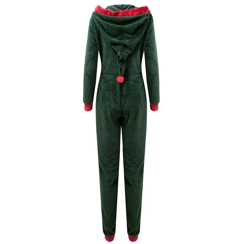 Women Christmas Long Sleeve Hooded Jumpsuits with Zipper Lady Fall Winter Warm Fleece Rompers Festival Holiday Loungewear 2022