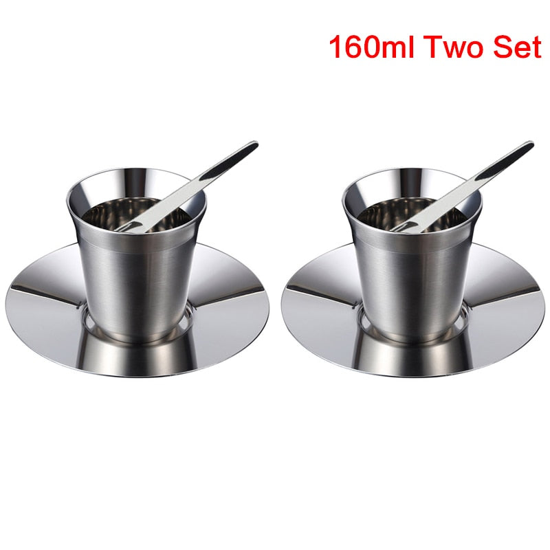 Stainless Steel Espresso Cups Set of 2 - Double Wall Insulated Metal Espresso Cups Travel Espresso Cup Glass Sets With Spoon