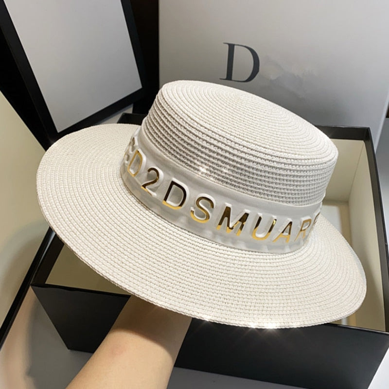 New Summer Sun Hats Women Fashion Girl Straw Hat Ribbon Bow Beach Hat Casual Straw Flat Top Panama Hat Bone Feminino