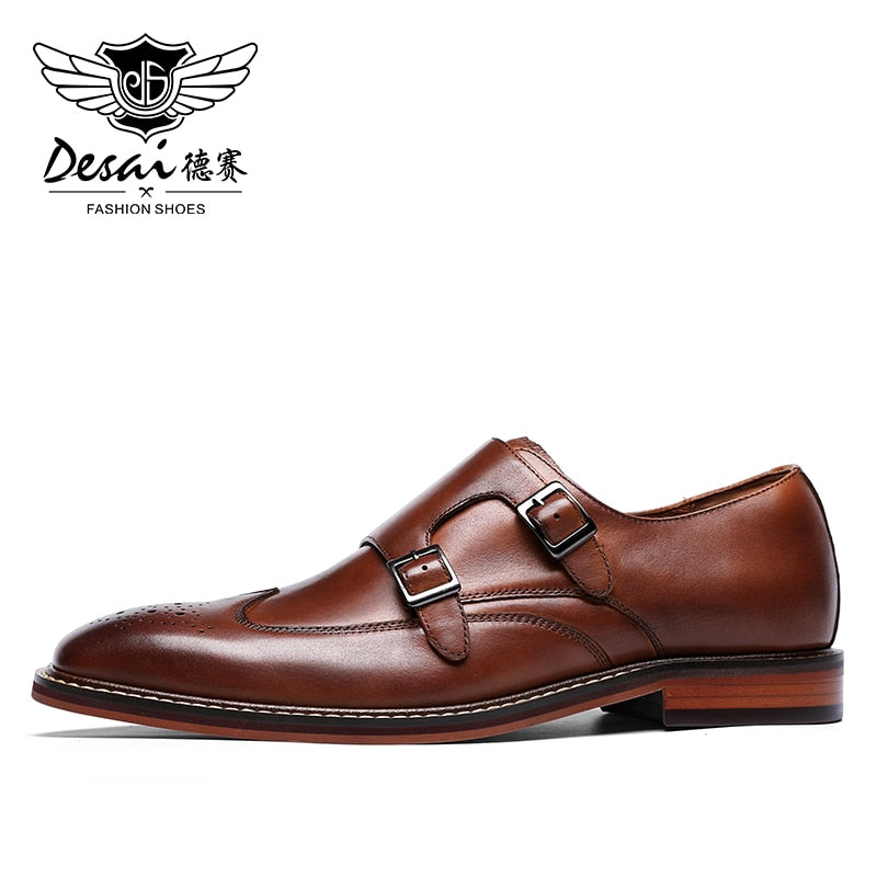 DESAI Monk Strap Slip on Genuine Leather Business Handmade Dress Brogue Shoes for Men with Buckle 2021