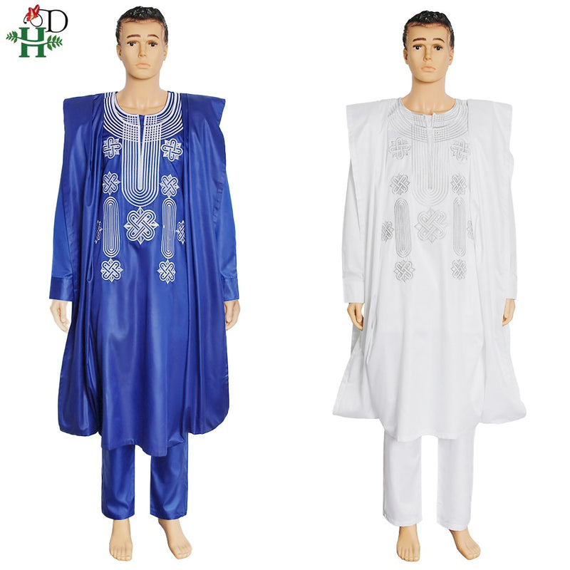 H&amp;D African Suit For Men Robe Shirt Pants Set Long Sleeve Tops Embroidery Agbada Clothes Boubou Africain Homme Traditional Robes