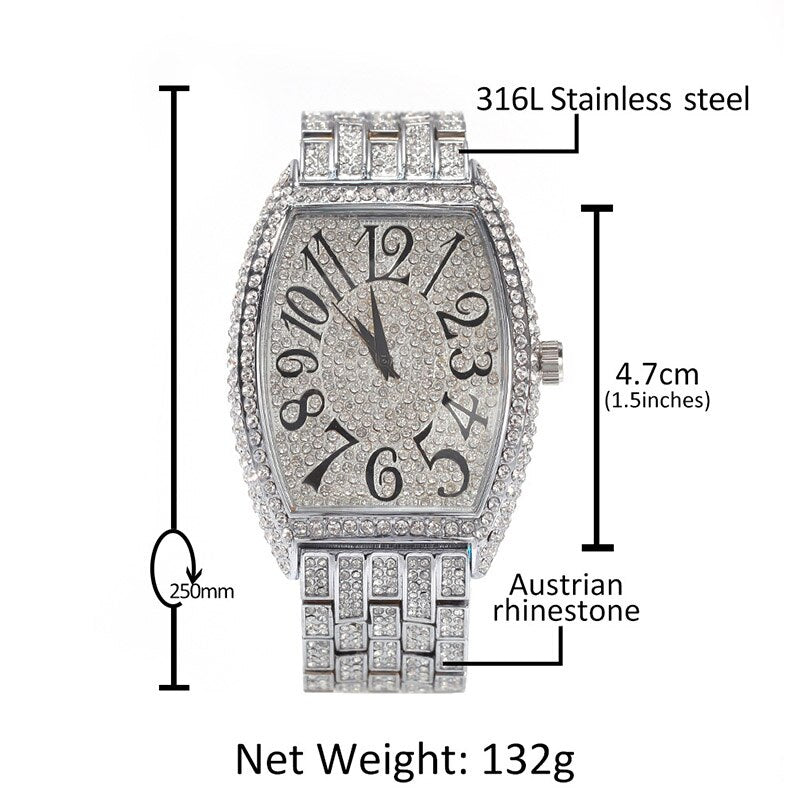 Hip Hop Luxury Quartz Wrist Waterproof Watches AAA CZ Stone Bling Iced Out Stainless Steel Watch Band for Men Charm Jewelry