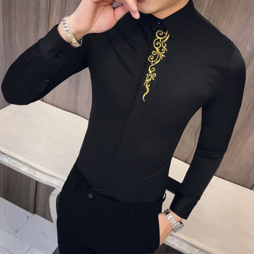 2022 Spring Men's Vintage Embroidered Shirt Long Sleeve Slim Social Club Prom Shirt Men's Casual Business Dress Tuxedo Shirt 3XL