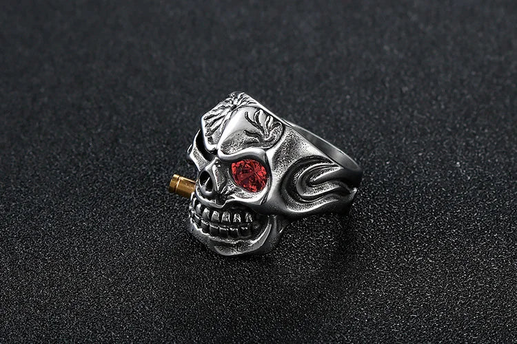 Mens Ring Stainless Steel Hip Hop Punk Ring Domineering Red Eye Skull Bite Bullet Ring Jewelry Gift