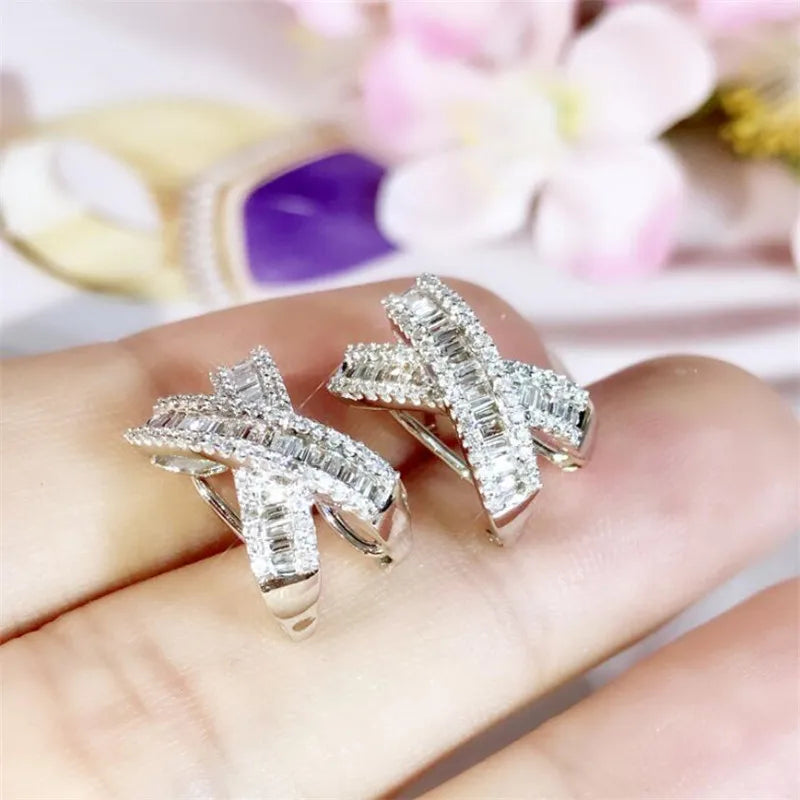 2020 New Arrival Hot Sale Luxury Jewelry 925 Sterling Silver Cross Earring Princess Cut White Topaz CZ Diamond Clip Earring Gift