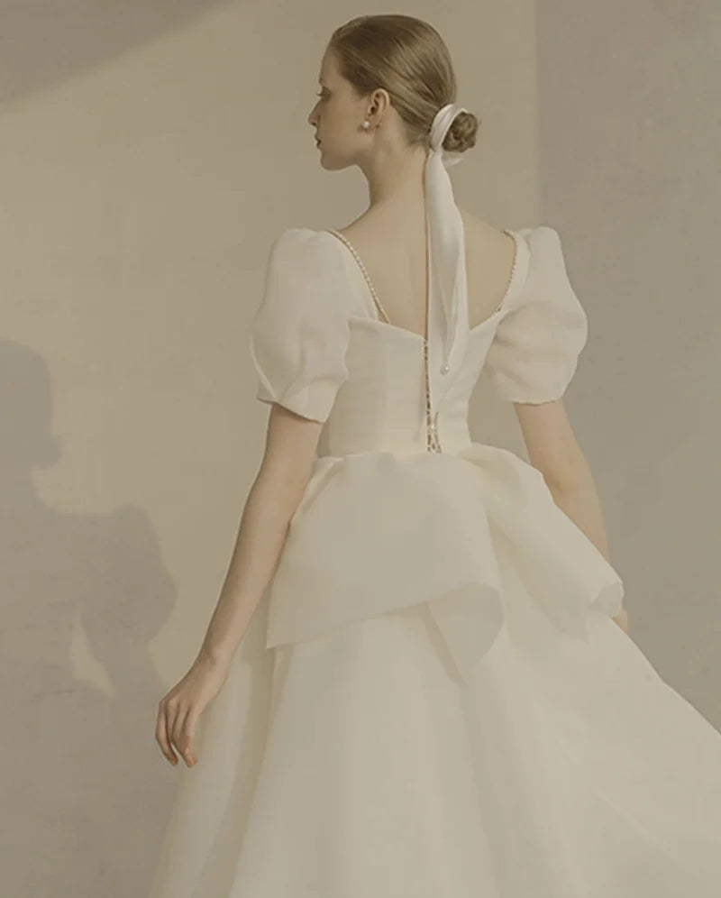2022 Korea Style Sweetheart Puffy Sleeve Organza A-Line Backless Simple Lace-Up Wedding Dress Bride Gown Vestidos De Novia