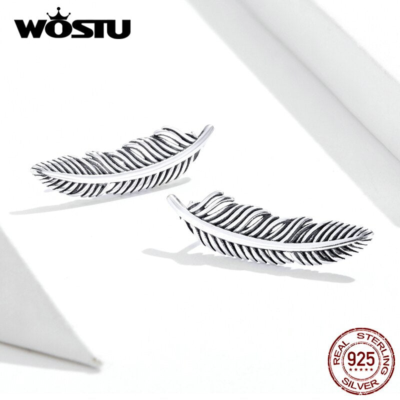 WOSTU Authentic 925 Sterling Silver Vintage Feather Stud Earrings Fashion Small Earrings For Women Wedding Party Jewelry CQE865