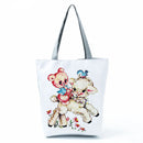 New Lady Tote Bags Black White Cute Cat Printed Fabric Eco Handbag High Capacity Shopping Office Reusable Casual Shoulder Bag