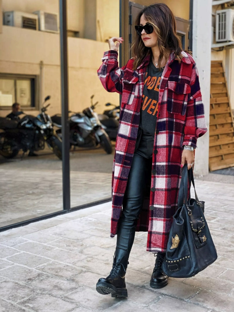 Women's Fashion Long Plaid Coat Autumn Shirt Coat Woolen Coat Streetwear Women Clothing Loose Coat Female Casual Jacket