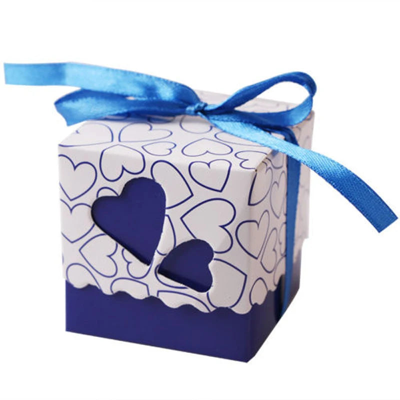 50Pcs Love Heart Candy Boxes With Ribbon Favors Gifts Box Christening Baby Shower Wedding Souvenirs Gifts for Guest Party Supply