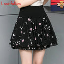 Floral Mini Skirt Women Summer Pleated Swing Chiffon Skirt Girl Black Korean Kawaii Female Elastic High Waist Skirt Shorts B009